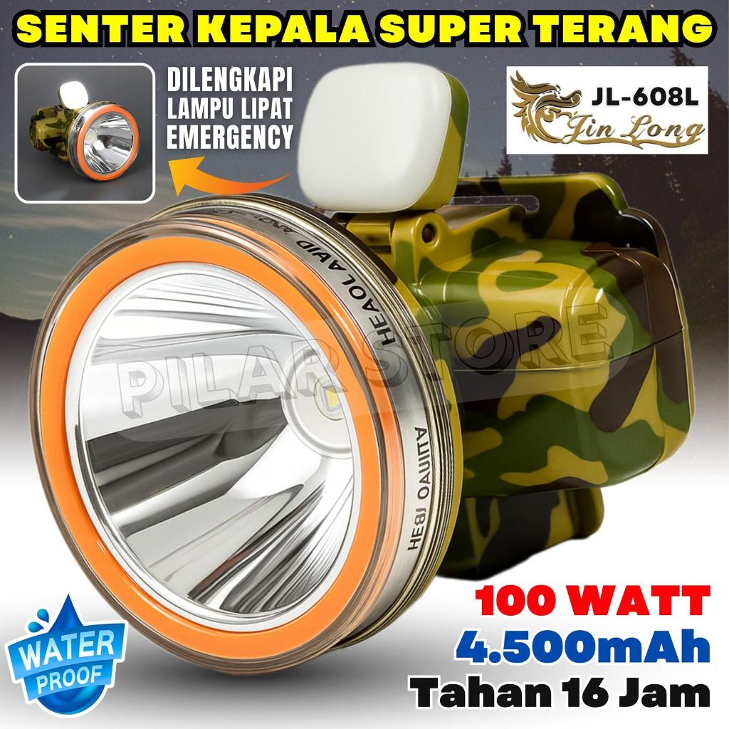 Senter Kepala Premium 100 Watt Tahan 16 Jam 4.500mAh Cahaya Putih JINLONG JL-608L Original Headlamp 