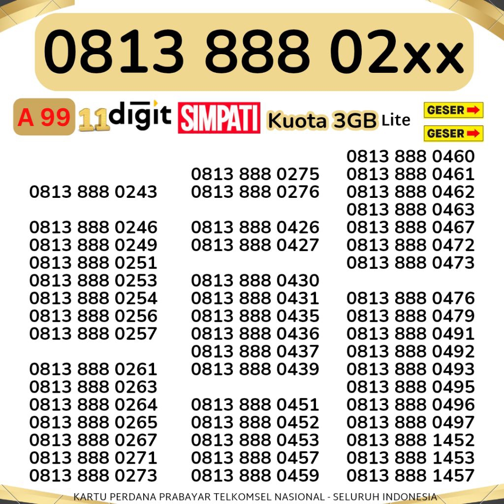 11 DIGIT  TELKOMSEL BONUS 3 GB NOMOR TRIPLE 888 KUOTA INTERNET NOMOR CANTIK TELKOMSEL SIMPATI KARTU 