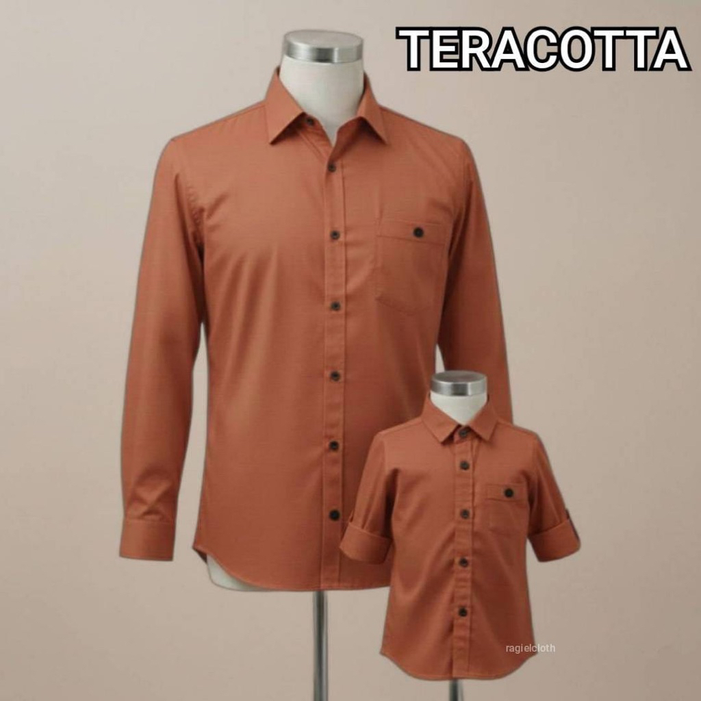 KEMEJA COUPLE AYAH & ANAK WARNA TERACOTTA 100% SLIM FIT KATUN PREMIUM | KEMEJA POLOS TERACOTTA TERAK