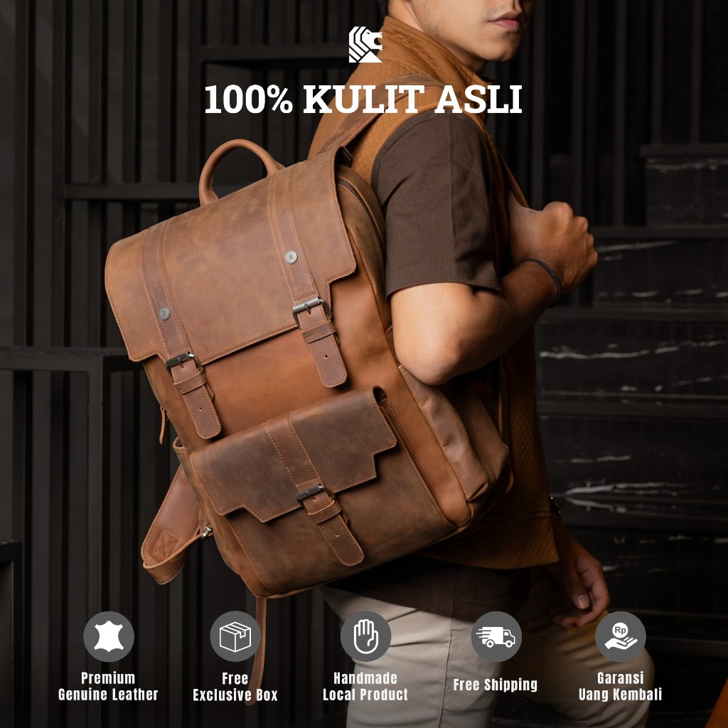 Reven Tas Ransel Punggung Pria Harrier Backpack Kulit Sapi Leather Asli Muat 15 Inch Laptop Case Ori