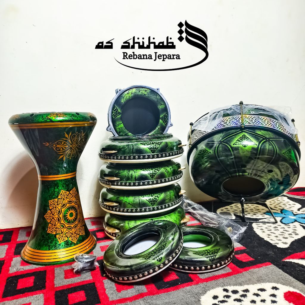Rebana Hadroh Fullset Motif Hijau,biru,natural,bas Horeg Kayu Mahoni berkualitas Premium
