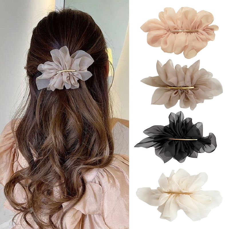 Jepit Rambut Bunga Sifon Elegan Jepit Setengah Ikat Belakang Gaya Korea