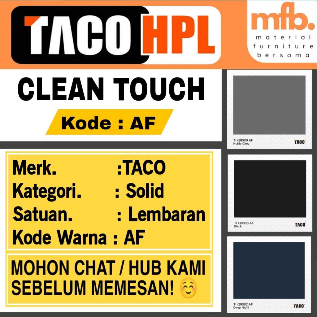 TACO HPL WARNA SOLID LEMBARAN KODE AF UKURAN 1220 X 2440mm / HPL MOTIF WARNA SOLID LEMBARAN |  HPL T