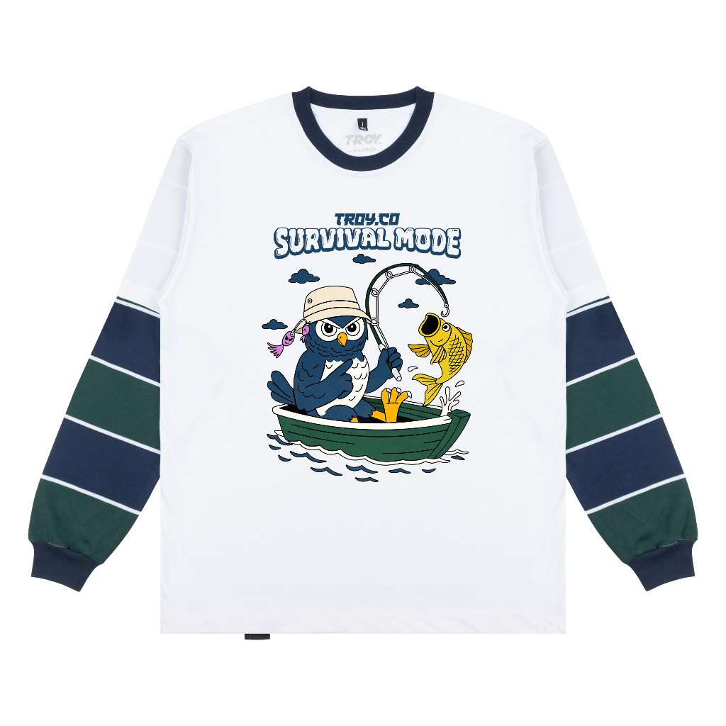 Troy Company Double Sleeve Longsleeve White Navy SRVMD - Kaos Lengan Panjang Kaos Putih DSD 3492