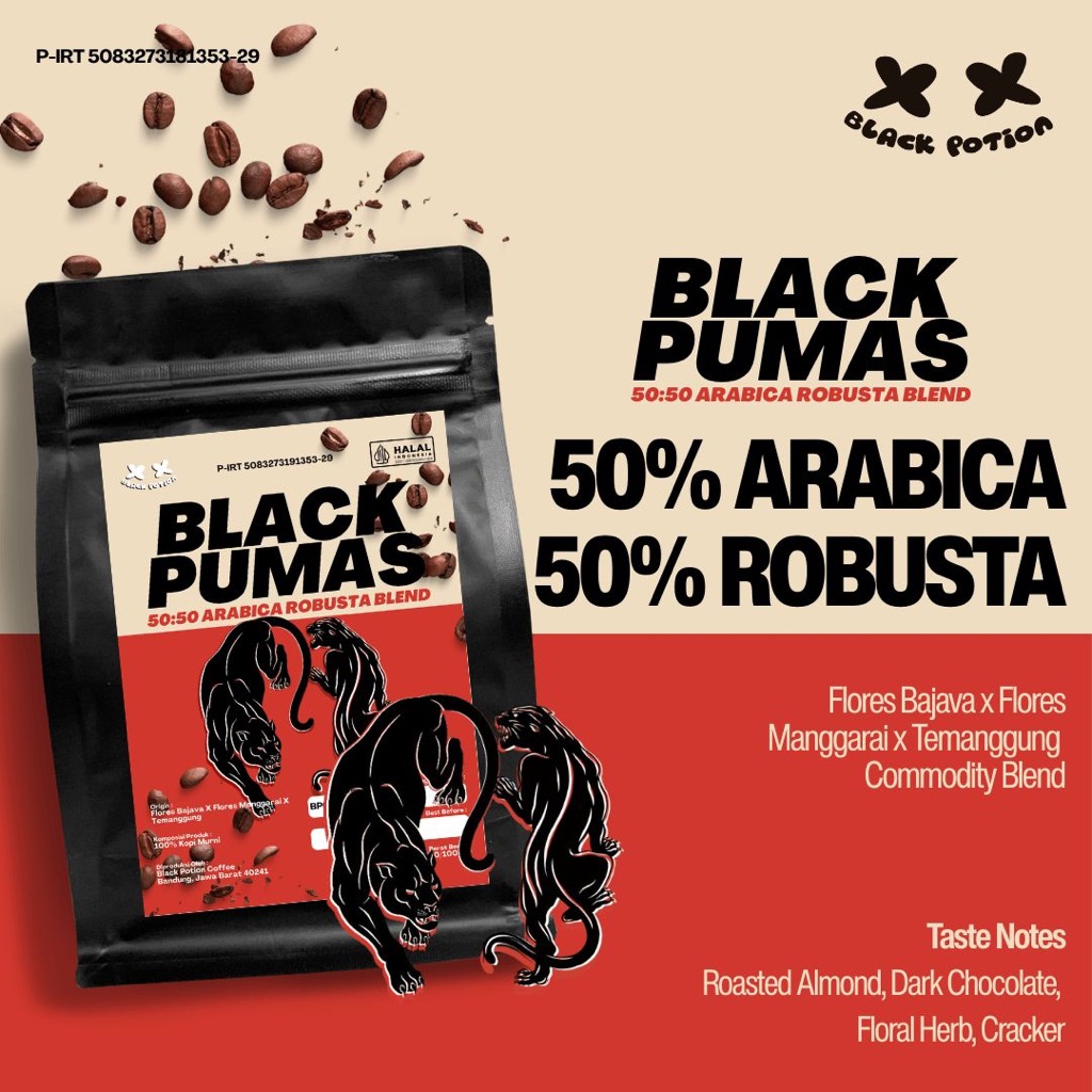 50% : 50%  Biji Kopi ARABICA ROBUSTA Black Pumas Blend Coffee