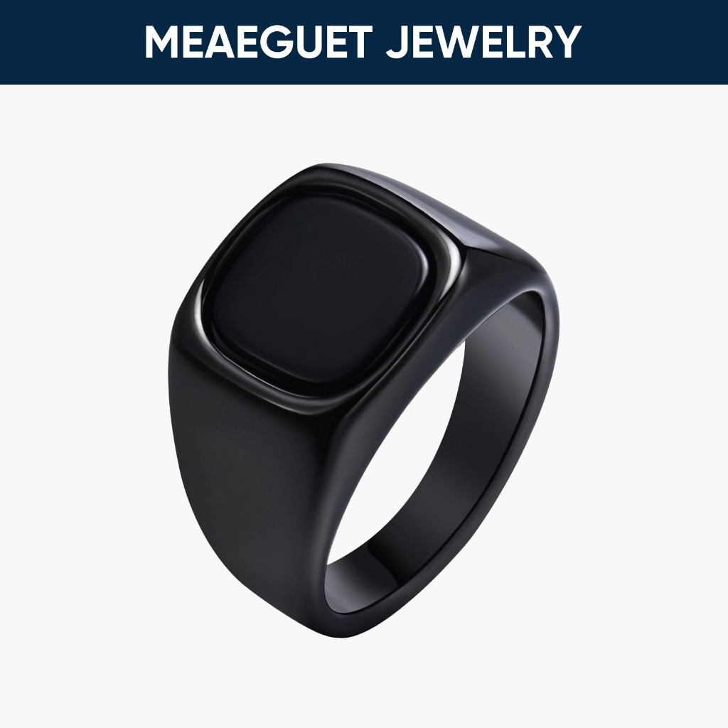 Meaeguet Cincin Pria Titanium Kotak Bergaya Retro dengan Batu Onyx Hitam, Desain Minimalis dan Elega