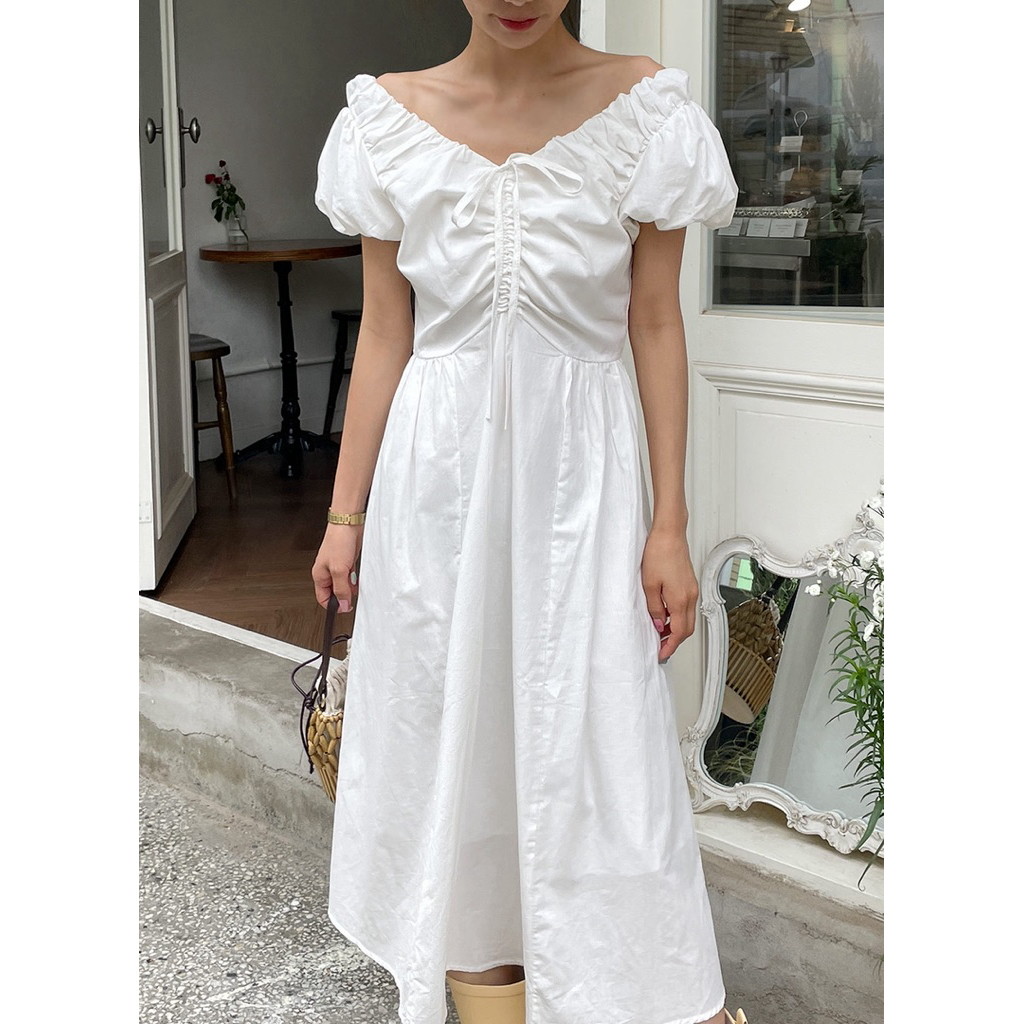 DRESS OL PANTAI LONG SLEVEES KOREANSTYLE VINTAGE BKK PUTIH KERUT KATUN