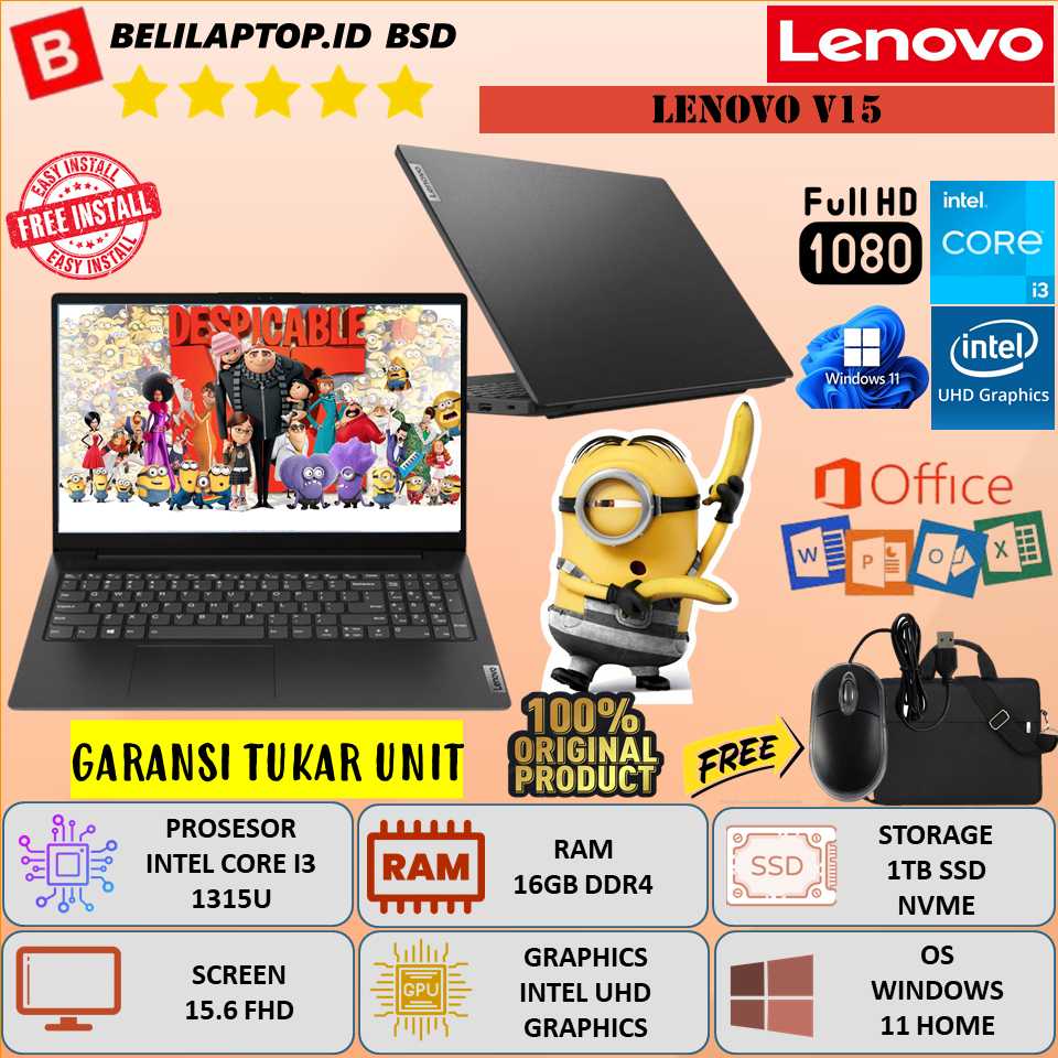 Laptop Baru Lenovo V15 Intel Core i3 1315U Ram 16GB DDR4 1TB SSD 15.6'' FHD Windows 11 Original