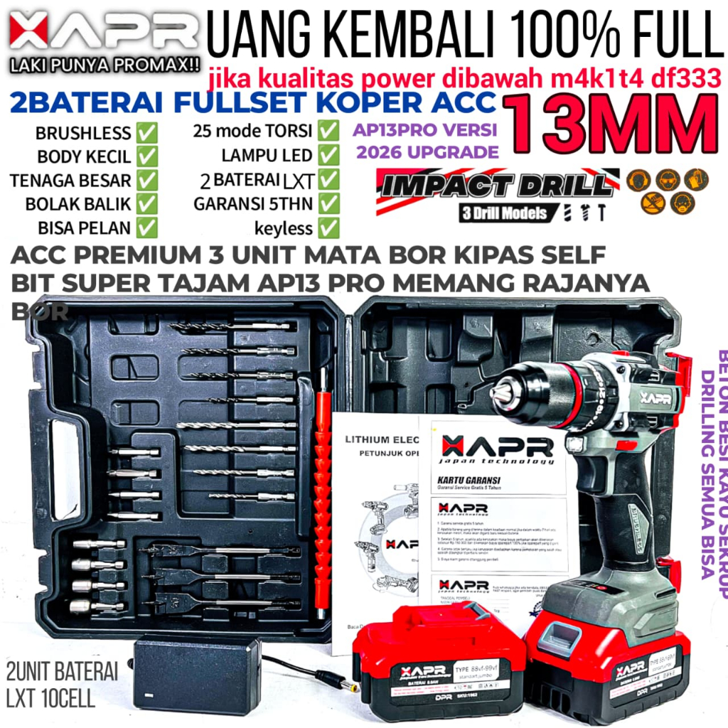 Bor CORDLES GARANSI 3THN Impact Drill 13MM APR AP13PRO  japan tehnology Full Set harga promo live