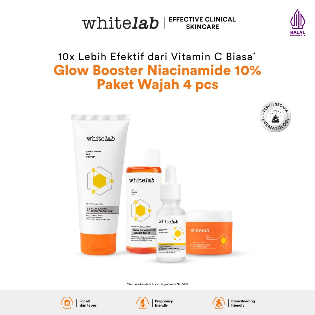 Whitelab 4 pcs Glow Booster C-Dose+ Brightening Paket Wajah - Facial Wash, Toner, Serum, with Moistu