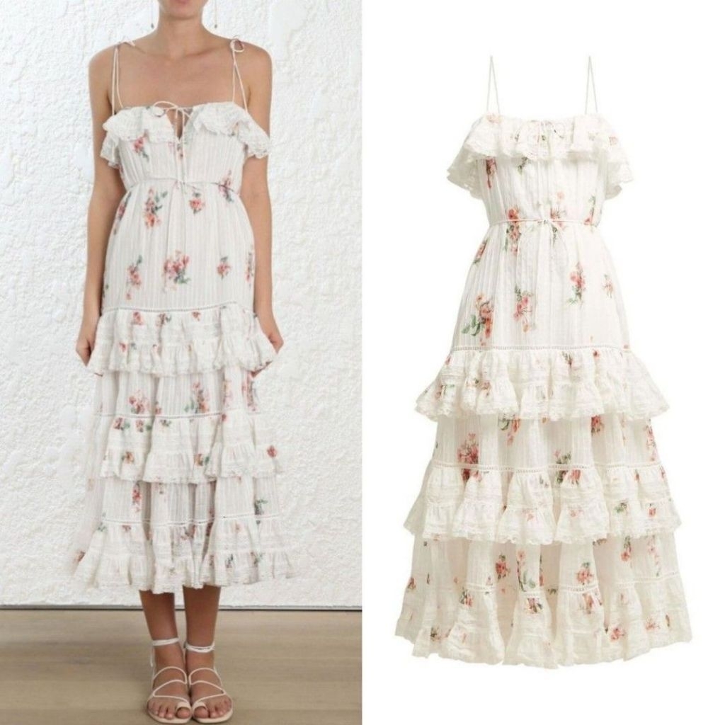 ZIMMERMANN HEATHERS PINTUCK INSPO Tiered Frill Long Dress Lace Crochet Flare Tie Shoulder Belt Overa