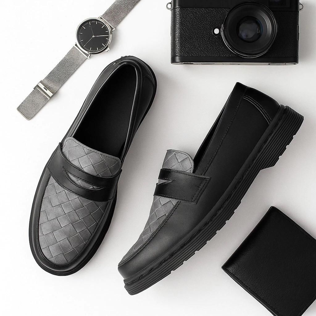 Sepatu Loafers Pria Casual Kombinasi Bottega – Slip On Elegan Hitam Gray