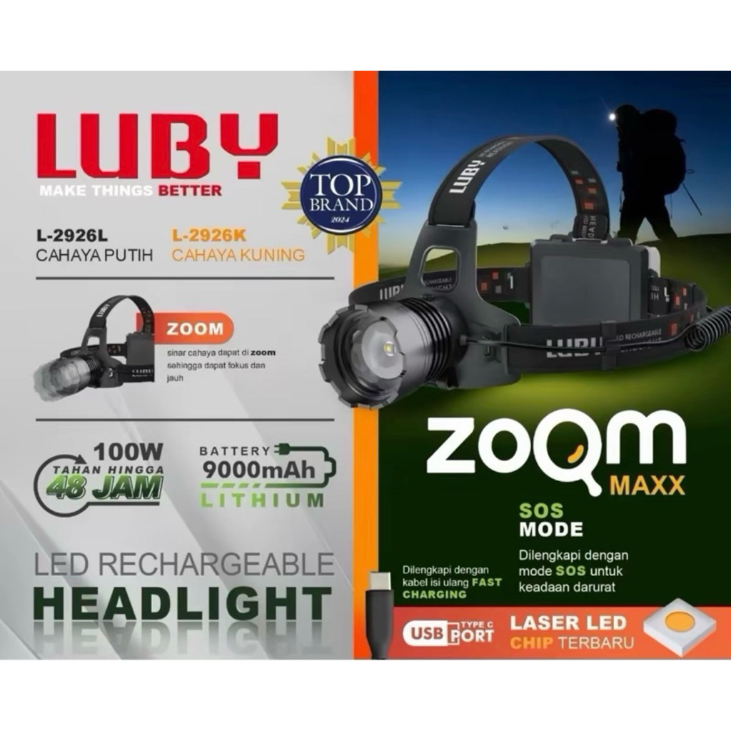 SENTER KEPALA LUBY ZOOM 100W LED L-2926 BATERAI LEPAS PASANG 9000MAH