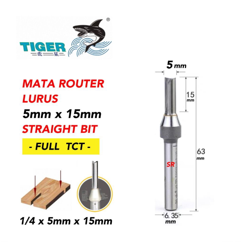 Mata Router/ Profil Lurus 5mm × 15mm As 1/4 Inch Full TCT/ Straight Bit TIGER
