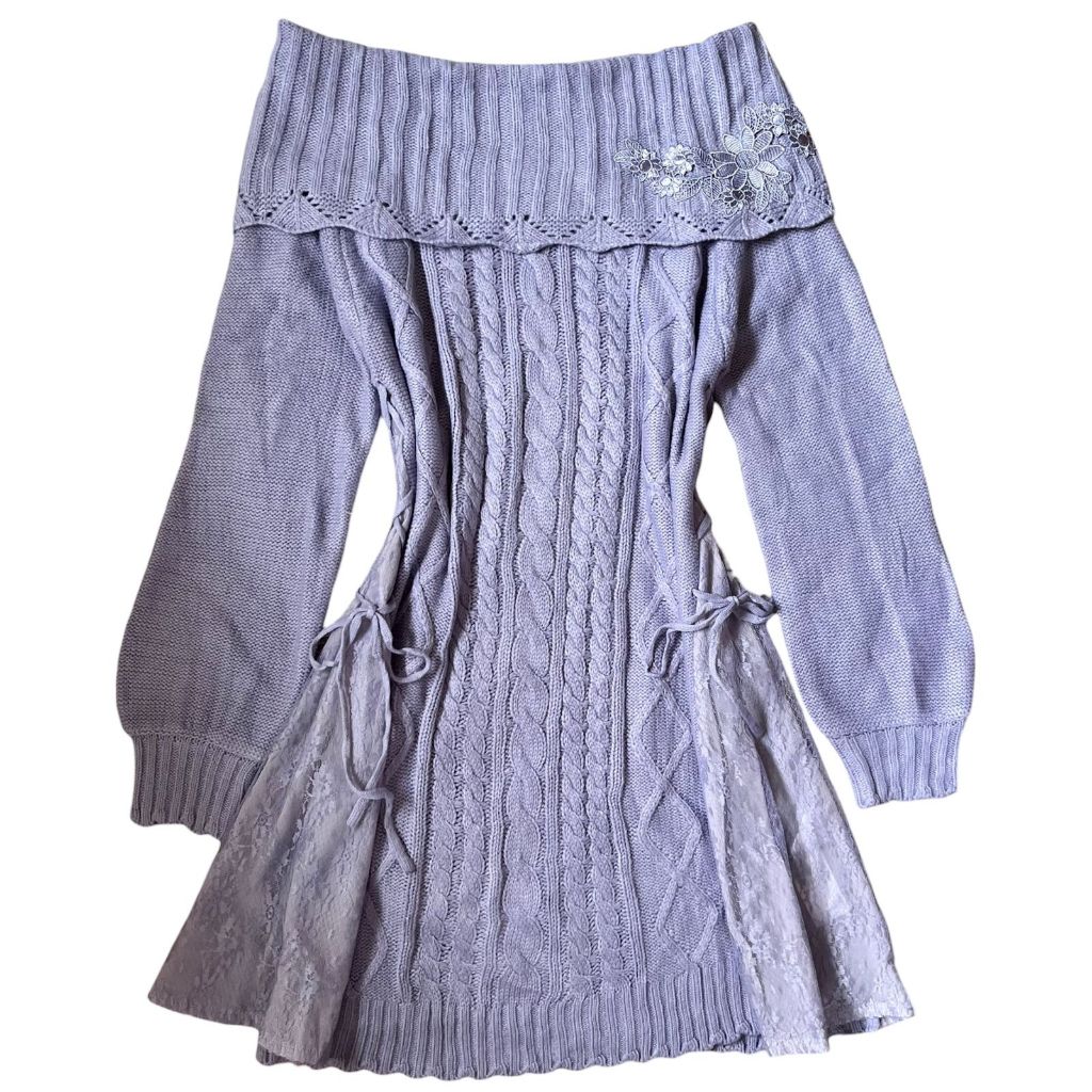 Axes Femme Off Shoulder Floral Lace Up Cable Patterned Knit Mini Dress | Embriodered flowers balloon