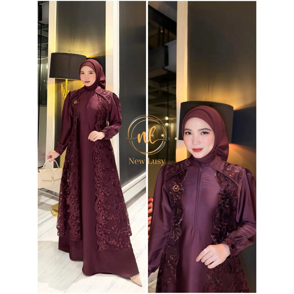 Aurel Dress Gamis Busui Lebaran Motif Brokat Mix Julia Silk Polos Dress Kondangan Simple Elegan