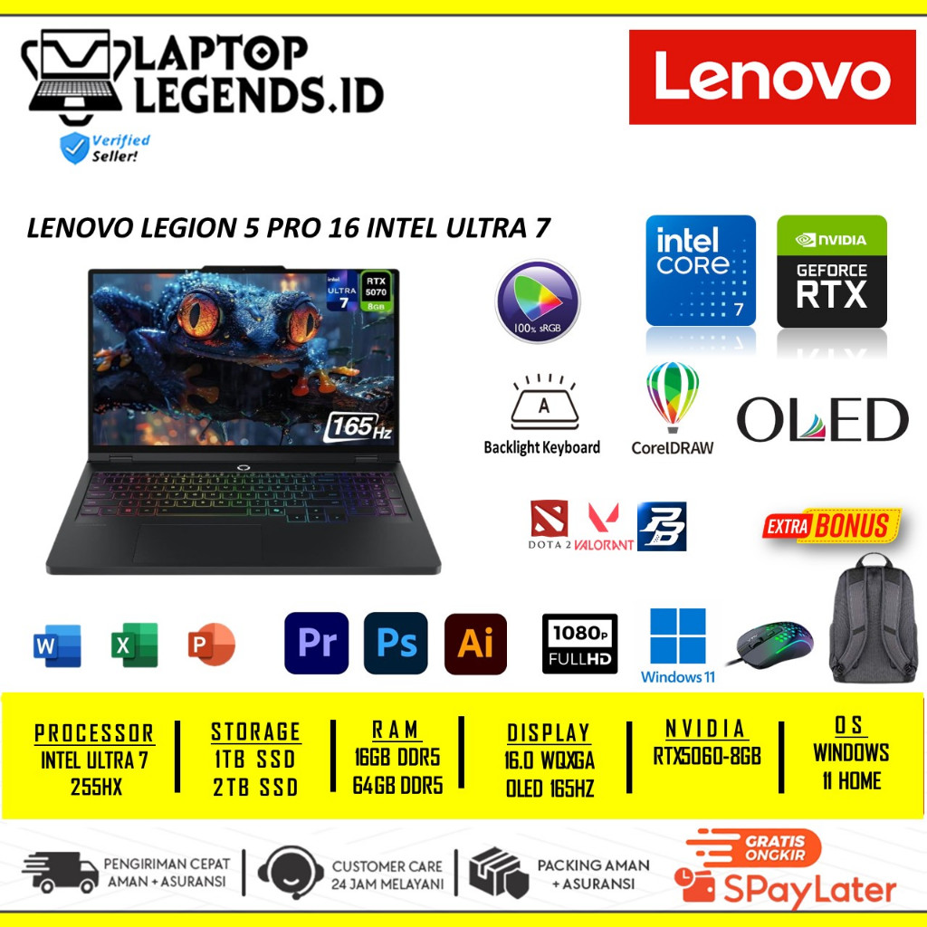 Lenovo Legion 5 Pro 16 Intel Ultra 7 RTX5060 Ram 32GB 2TB SSD 16 inch WQXGA OLED 165Hz RGB Win 11