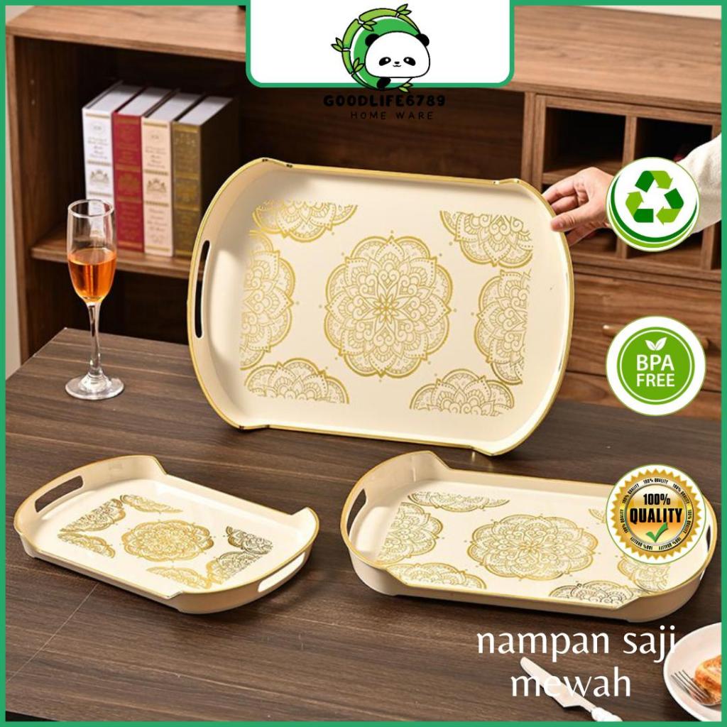 Nampan dekoratif mewah dengan pegangan emas, nampan plastik untuk camilan dan buah, cantik dan multi