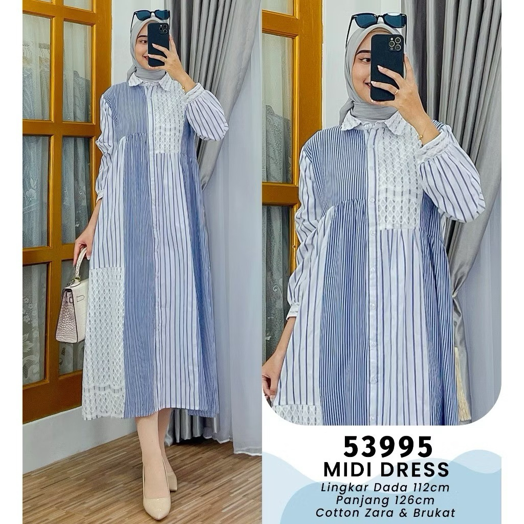 Miskah Midi Dress Katun Salur Zara Premium Adem Baju Gamis Muslimah Kombinasi Brukat Elegan Fit To X