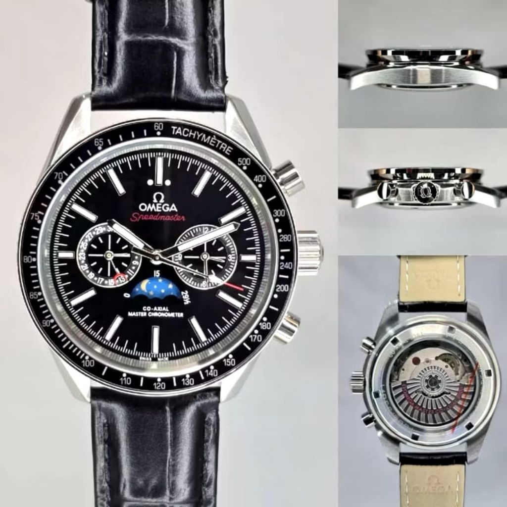 Jam tangan pria OMG Speedmaster Moonphase Leather Automatic