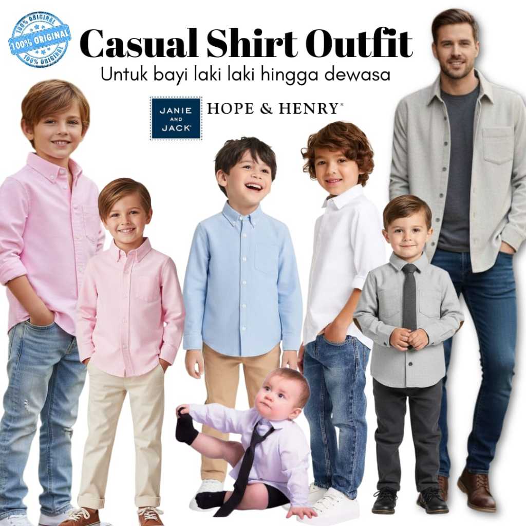 Kemeja Polos Warna Putih, Abu Abu, Biru, Pink Lengan Panjang Anak Hingga Dewasa Original Brand JJ & 