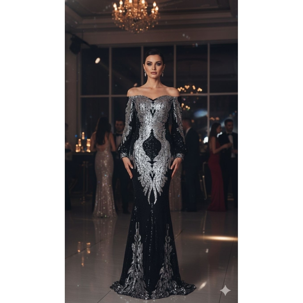 Longdress sequin sabrina evening gown gaun pesta silver mermaid duyung payet2 blink-blink