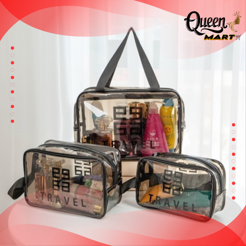 QM - Tas Kosmetik Kapasitas Besar Portable Transparan PVC Washbag  Bahan Plastik Anti Air