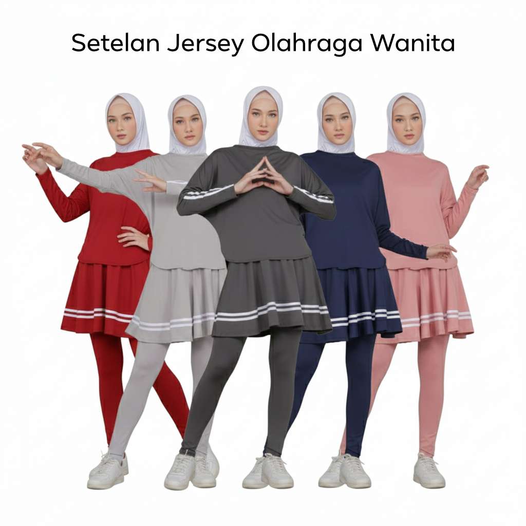 Setelan Baju Olahraga Modis Lengan Panjang dengan Rok dan Legging - Baju Senam Jogging Muslimah - Ou