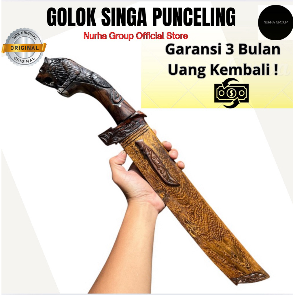 Golok Sembelih Premium Baja Per | Singa Punceling 30cm | Gagang Kayu Ukir Mewah