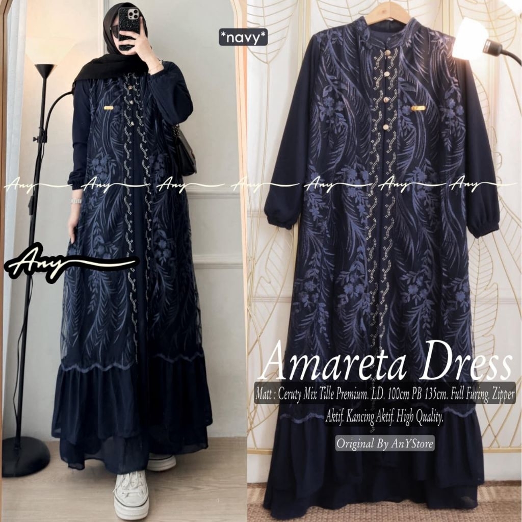 Any -Amareta Dress Wanita Ceruty X Tille Premium FullFuring Zipper Kancing Aktif