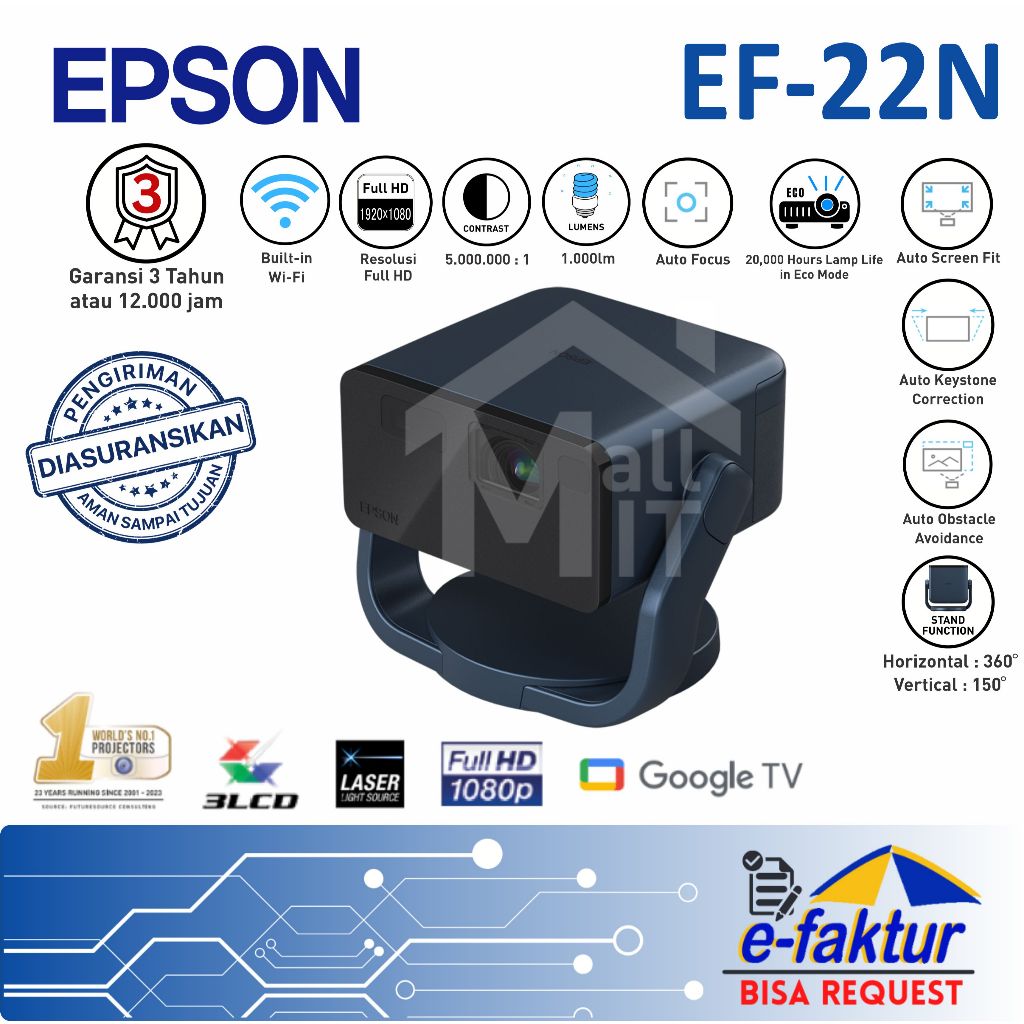 MALLIT EPSON Proyektor Laser Epson EpiqVision Mini EF-22N EF22N EF 22N FULL HD 1.000 Lumens Android 