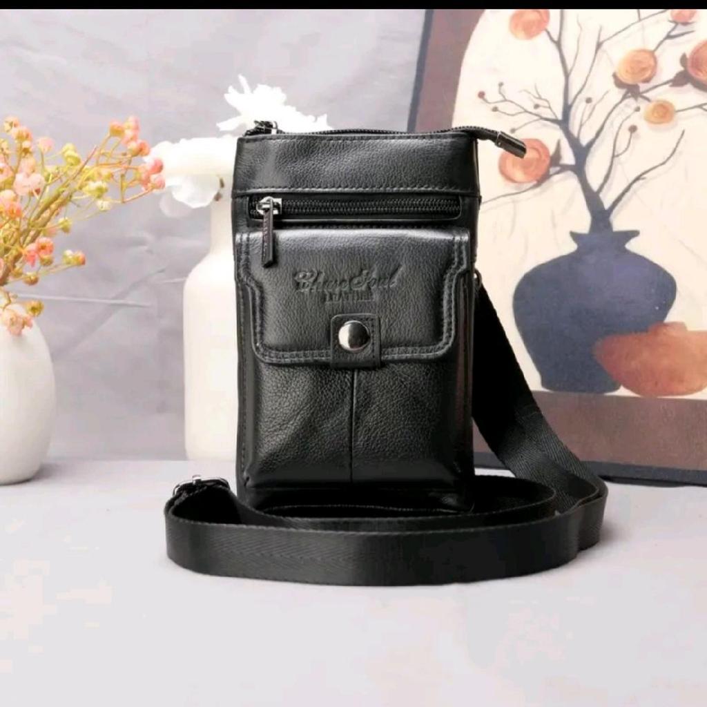 Tas Selempang Pria Kulit Tas Sabuk Tas Hp Import Kulit sapi Premium - Hitam