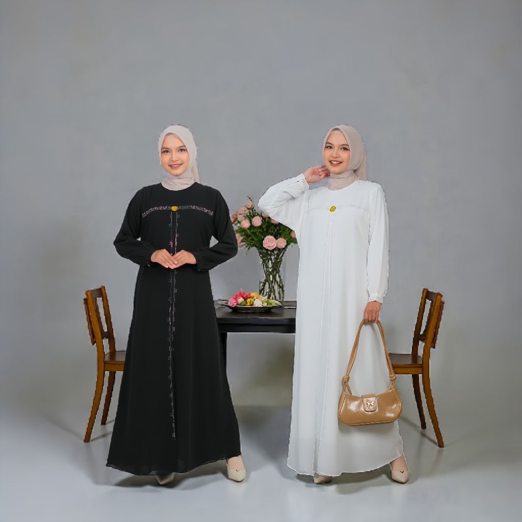 Gamis Polos Hitam Putih Elfiraza - Ceruty Babydoll Premium - Elegan Mewah untuk Acara Spesial