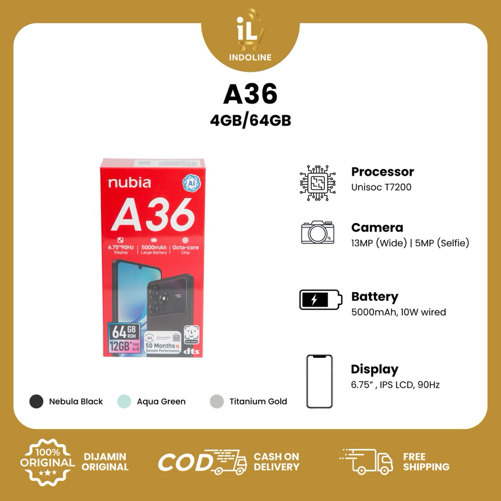 ZTE NUBIA A36 RAM (4+8)GB/64GB HP SMARTPHONE 5000MAH GARANSI RESMI