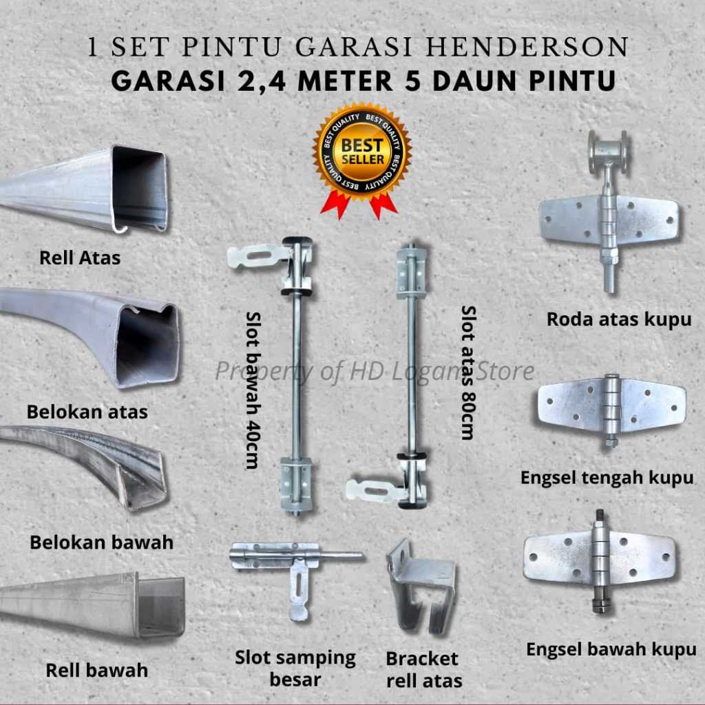 Set Rel Pintu Garasi Sliding Henderson Panjang 2.4 Meter 5 Daun Pintu - Fullset Komponen Henderson