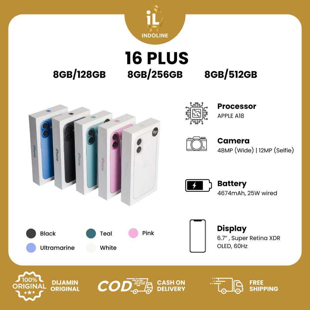APPLE IPHONE 16 PLUS 8/128GB OR 8/256GB OR 8/512GB ORIGINAL GARANSI RESMI