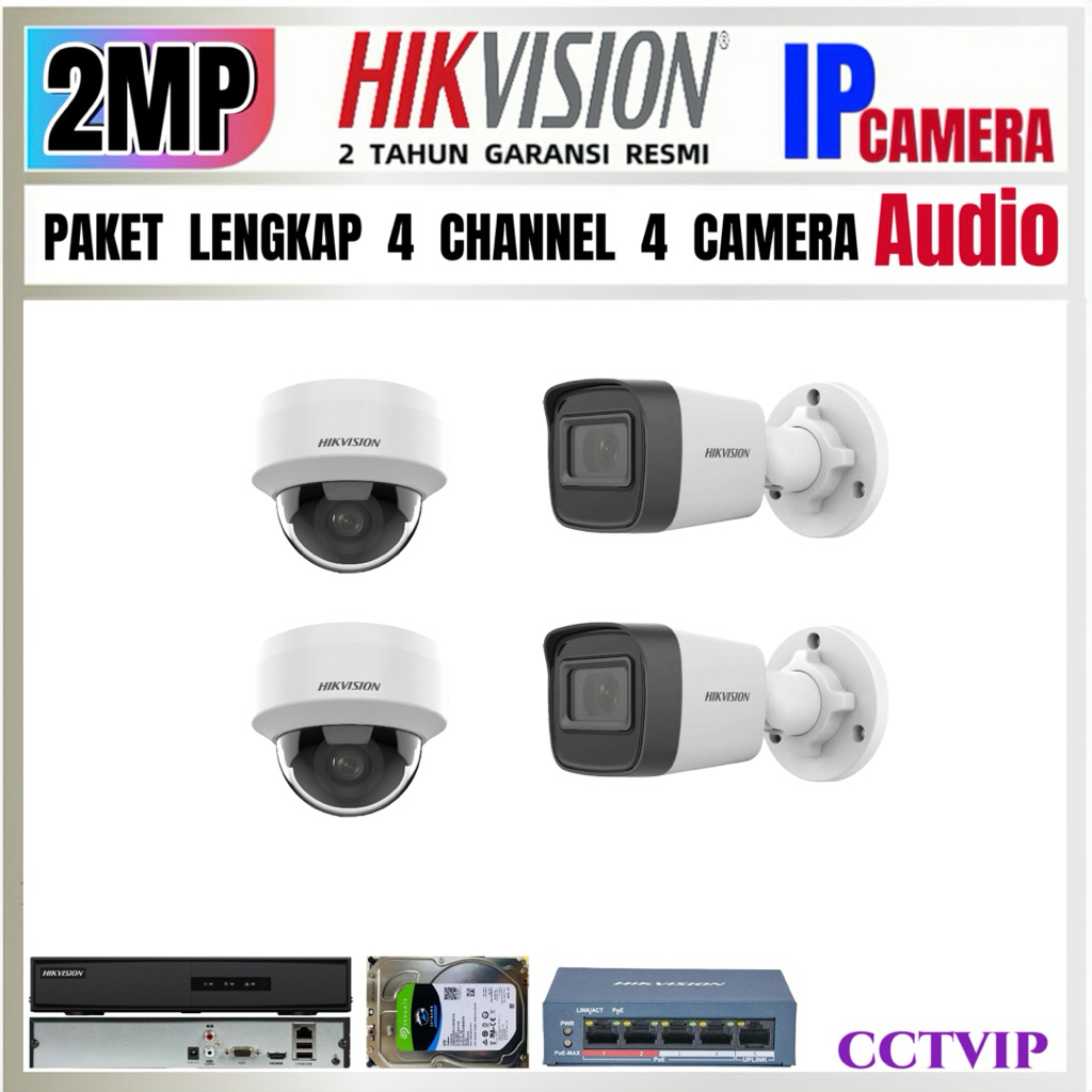 PAKET CCTV IP CAMERA HIKVISION 2MP AUDIO  4 CHANNEL  4 CAMERA IP POE