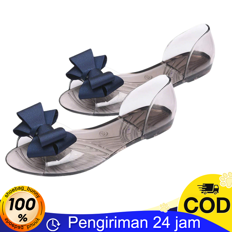 Tas Selempang Kekinian Wanita Flat Jelly Shoes korea Flatshoes Kaca Jelly Bunga Transparan