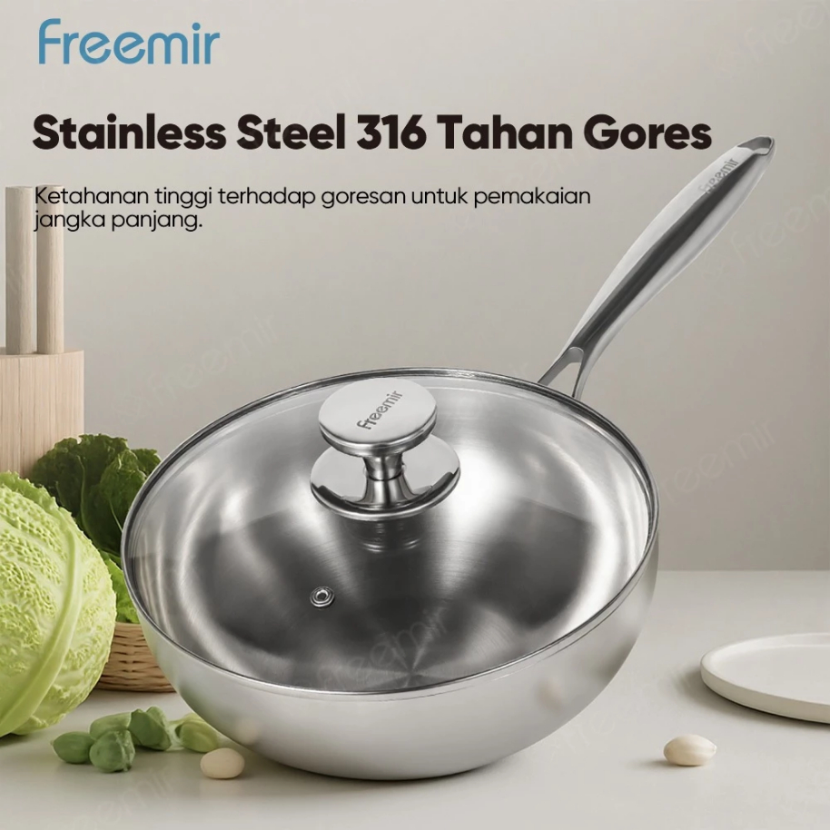 [OFFICIAL MALL] freemir  Wajan penggorengan stainless steel  24cm dengan penutup