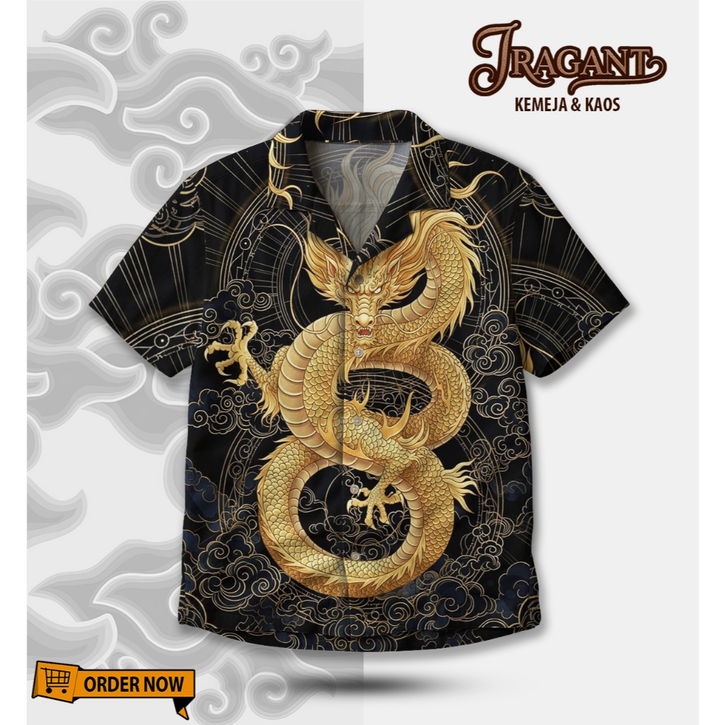 JRAGANT.CLOTH Kemeja Motif Naga Emas Oriental Mewah | Kemeja Unisex Hawai Pria Casual Premium Hitam 
