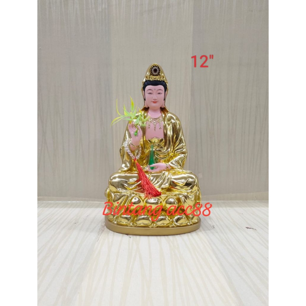 patung dewi kwan im / kwan in / guan yin - emas - fiber - 12inch