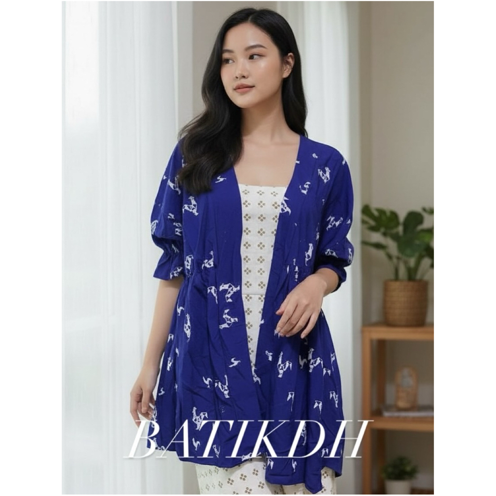 Outer Batik Lengan Pendek Wanita Terbaru Warna Navy Allsize Jumbo Ld 120cm Bahan Rayon Cap Handmade 