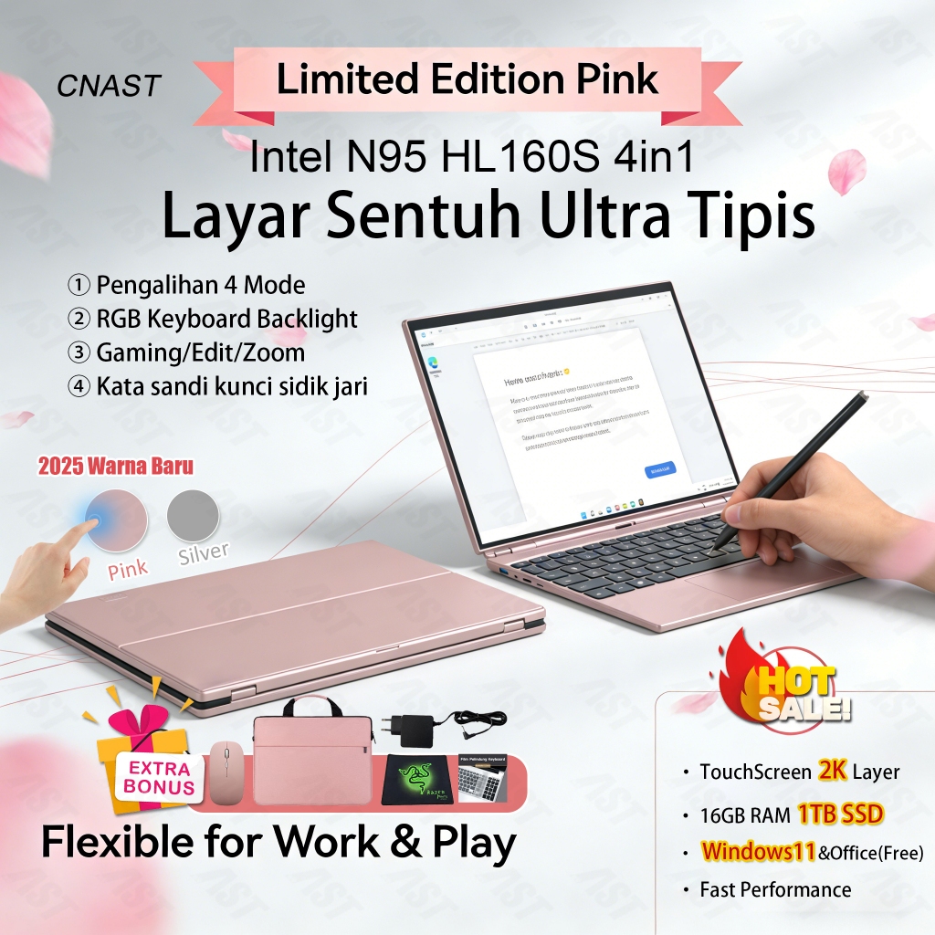 CNAST Laptop 14 inch Baru Touchscreen Pink/Silver 16GB RAM 512GB/1TB SSD 4IN1 Windows11 Edit/Gaming