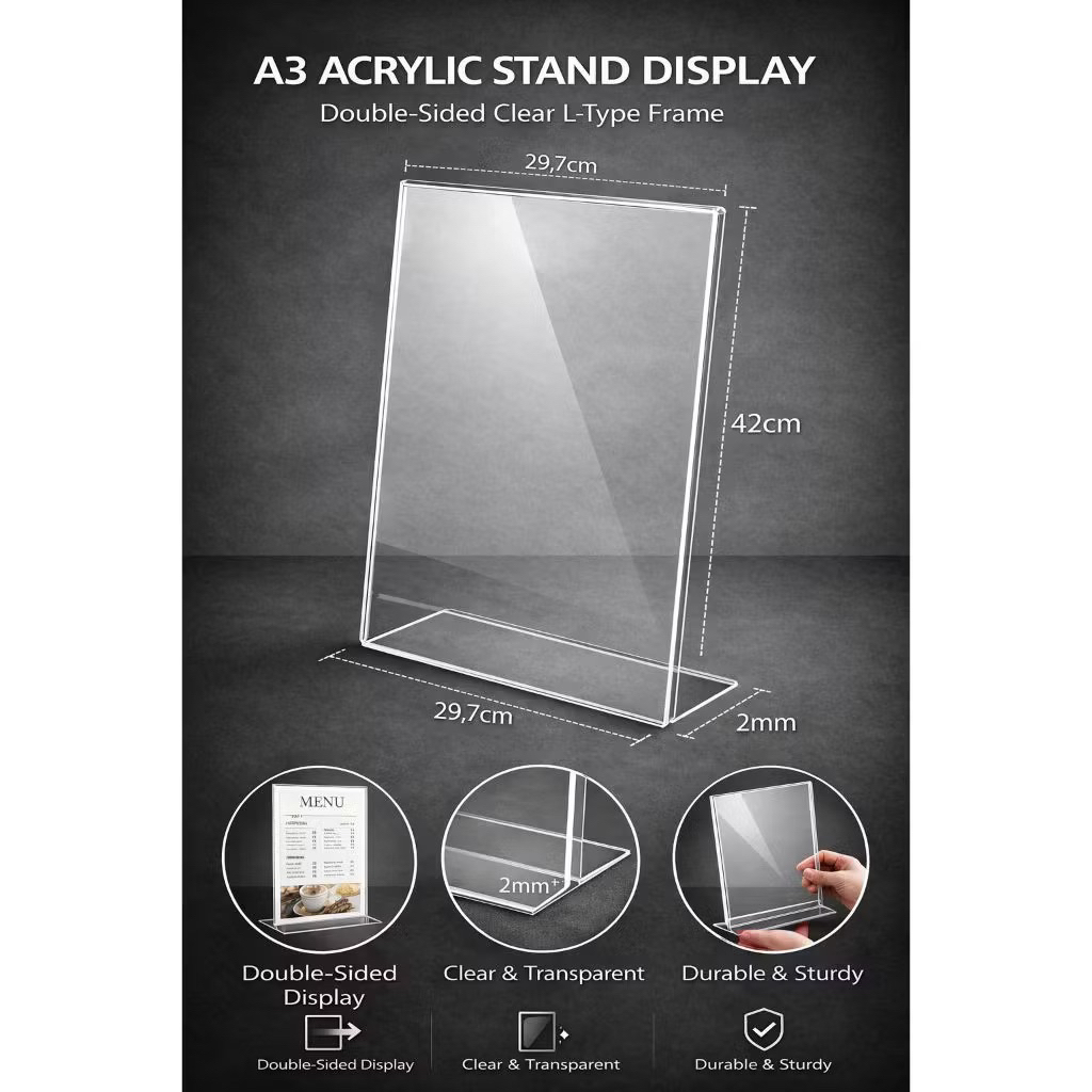 Display Brosur Akrilik / Stand Holder Brosur Acrilyc A3 ukuran 29,7 cm x 42cm 2mm Type L