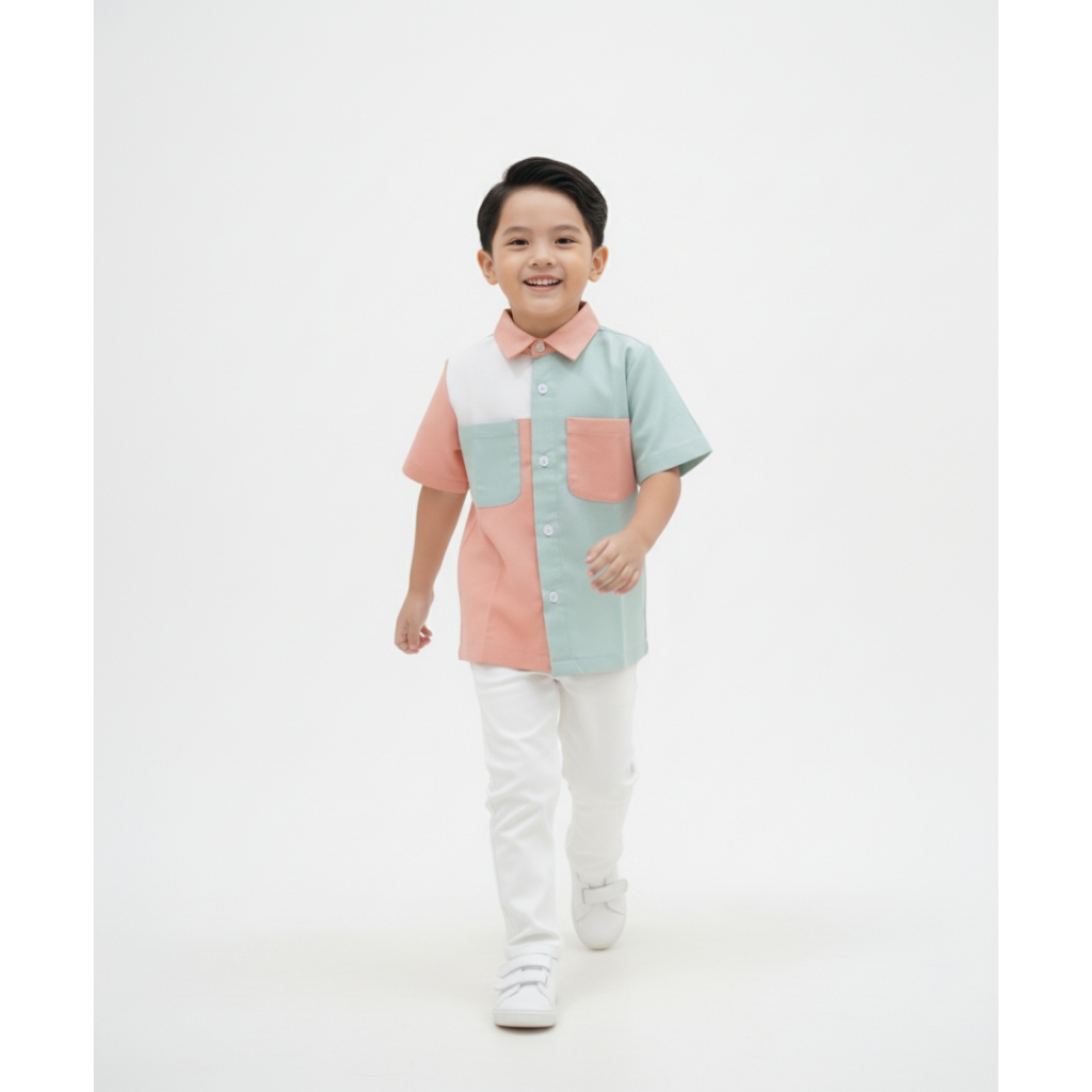 CALVIN Shirt Kids | P&P Ready Stock | Kemeja Anak Peach Mint | Family Look Concept | Kids Couple Col