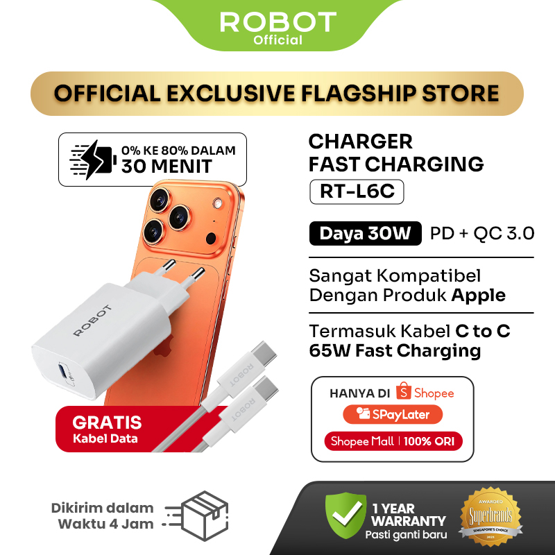 ROBOT Adaptor Charger 20W PD 3.0 USB C Fast Charging iPhone & Samsung Type C Free Kabel C to C RT-L6
