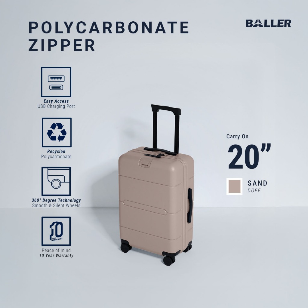 BALLER Koper Zipper Polycarbonate Carry On 20 inch Matte Sand - Koper Kabin Kecil Travelling TSA Loc