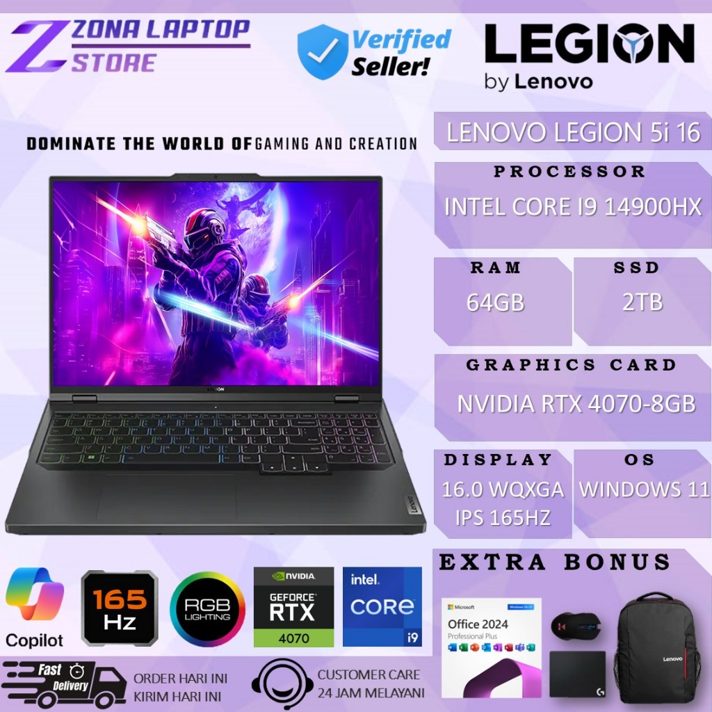LENOVO LEGION 5i 16 i9 14900HX RTX 4070 8GB RAM 64GB 2TB SSD 16.0 WQXGA IPS 165HZ RGB WIN11
