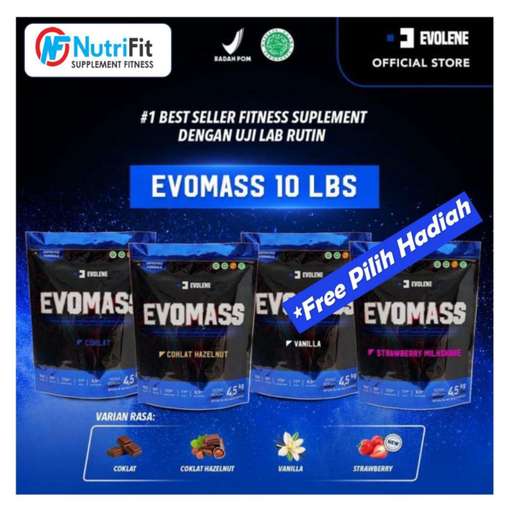 EVOMASS  4.5 KG / 10Lbs Pilih Rasa : COKLAT, VANILA,HAZELNUT ,STRAWBERRY (*Bebas Pilih Hadiah)