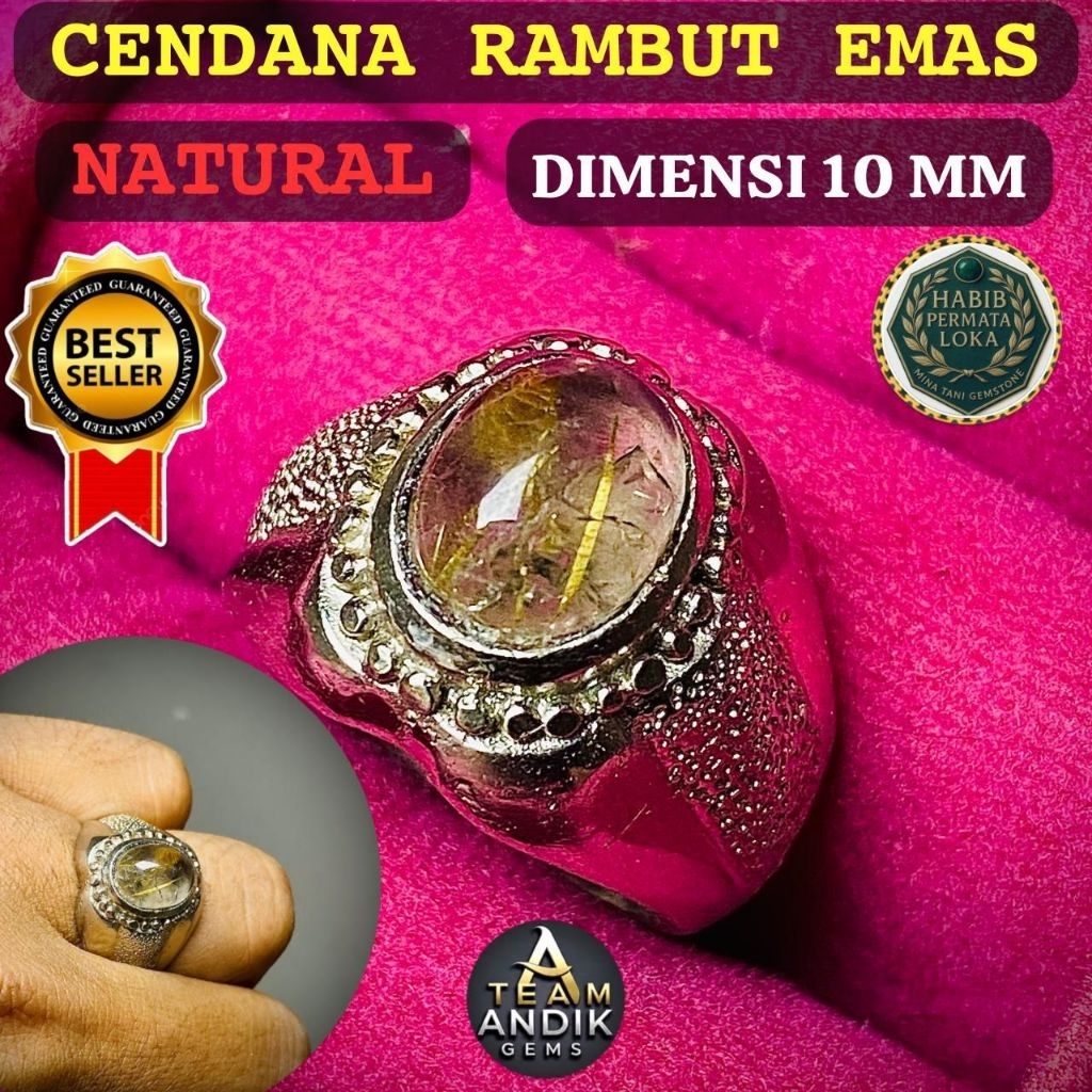 CINCIN BATU AKIK CENDANA SERAT EMAS / KECUBUNG RAMBUT EMAS RUTILE 10MM